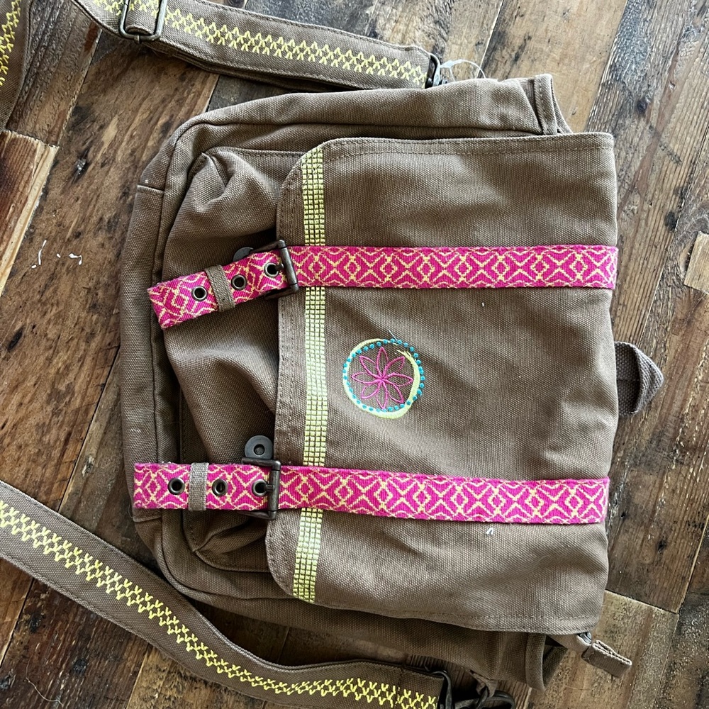 Brown and Pink Embroidered Women's Bag